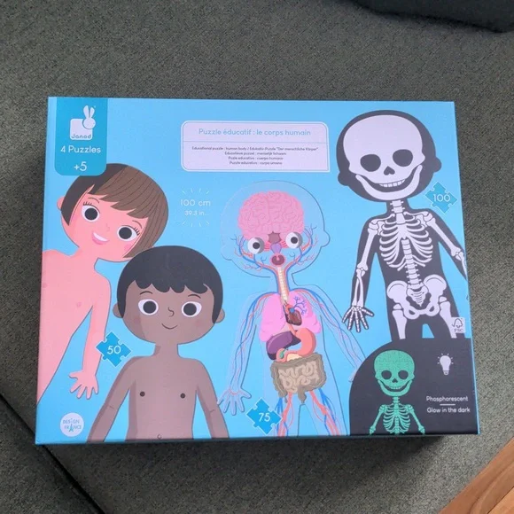 Janod 4 in 1 Puzzle Human Body Age 5+ Skeleton Glow In The Dark, Organs - Picture 5 of 15